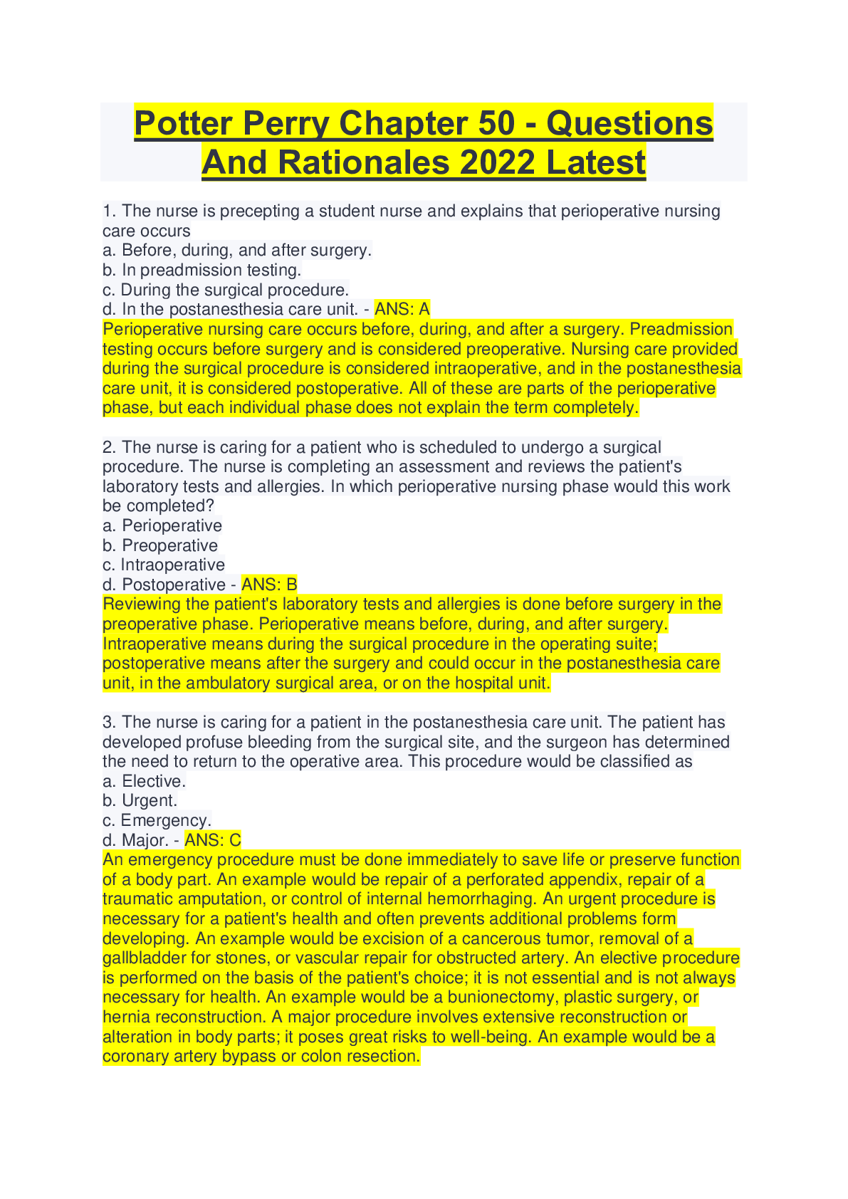 Preview of Potter Perry Chapter 50 - Questions  And Rationales 2022 Latest